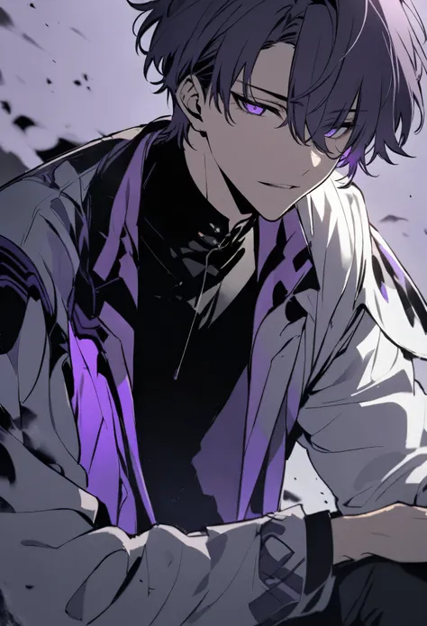 handsome, solo, male, short hair, hair covers left eye, dark lavender hair, purple eyes, black shirt, black pant, black and whit...