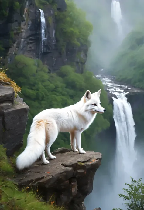 A white fox stands on the edge of a cliff，look into the distance，Waterfall at the back，Defog，forest，There is a river below