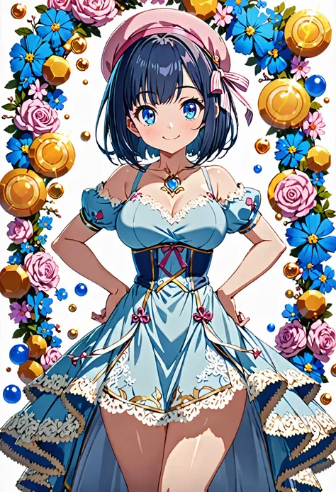 Front view, dark blue hair, bob cut hair, small pink beret, light blue dress, cream lace decoration, anime, full body, white background, solid, white background, simple background, high details, UHD, smile, Blue eyes, nightcore style, pale turquoise and pa...