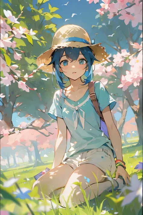 Spring steppe、Lunchtime with pleasant sunshine、lunch break on the grass、Pale light blue T-shirt、shorts、cute hat、looking at the camera