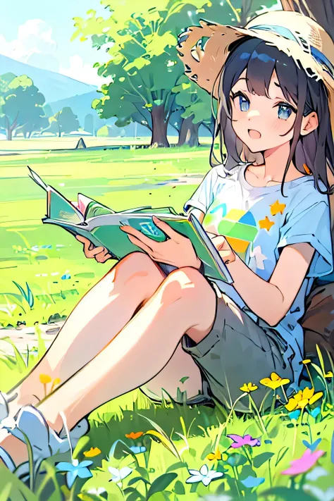 Spring steppe、Lunchtime with pleasant sunshine、lunch break on the grass、Pale light blue T-shirt、shorts、cute hat、looking at the camera