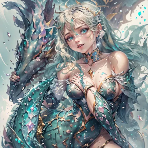 (best quality,4k,8k,highres,masterpiece:1.2), ultra-detailed, realistic, naked sexy dragon woman with green and blue glittering scales, skin is glittering green and blue scales, medium length wavy green hair with blonde highlights, very playful but mischie...