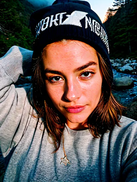 photorealistic, best quality, hyper detailed, beautiful woman, selfie photo, upper body, solo, wearing pullover, outdoors, (night), mountains, real life nature, stars, moon, (cheerful, happy), sleeping bag, gloves, sweater, beanie, flashlight, forest, rock...