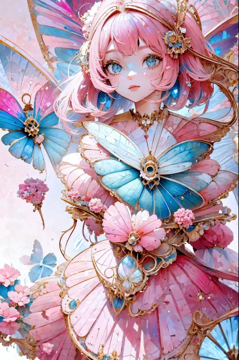 pink haired one，big  eyes girl，blue butterfly hairpin，butterfly magic