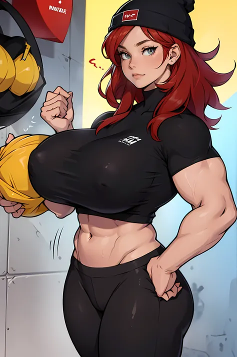 1 woman, 16-year-old ((very muscular girl)), beanie, black top, black leggings, red hair, yellow eyes, (((gigantic breasts))),