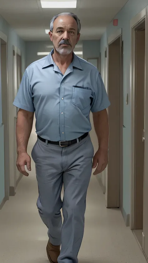 Amandas father is walking in the hallway of the healthcare facility wearing a light blue shirt and grey pants