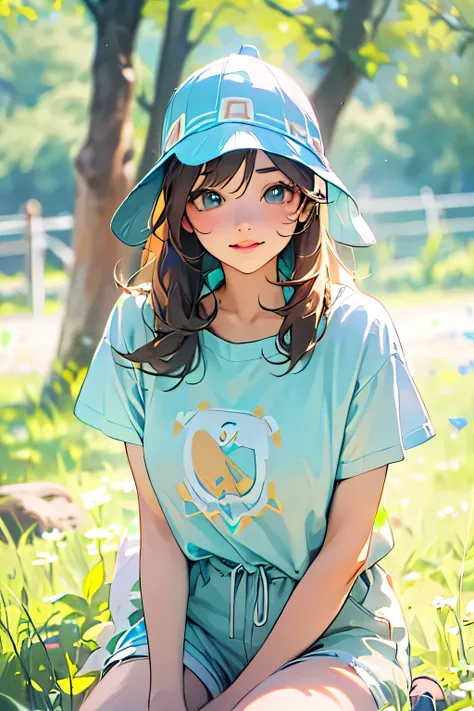 Spring steppe、Lunchtime with pleasant sunshine、25 year old female、lunch break on the grass、Pale light blue T-shirt、shorts、cute hat、looking at the camera