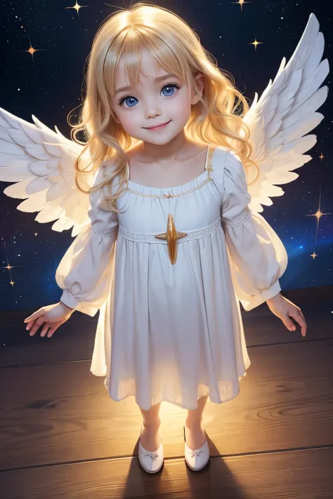 little toddler angel, smile, big eyes, blonde, Neat and loose dress with sleeves, full body, The body is facing straight ahead towards the camera., looking at viewer, from above:1.2, A dazzling light from behind, Angel wings on the back, god々A brightly shi...