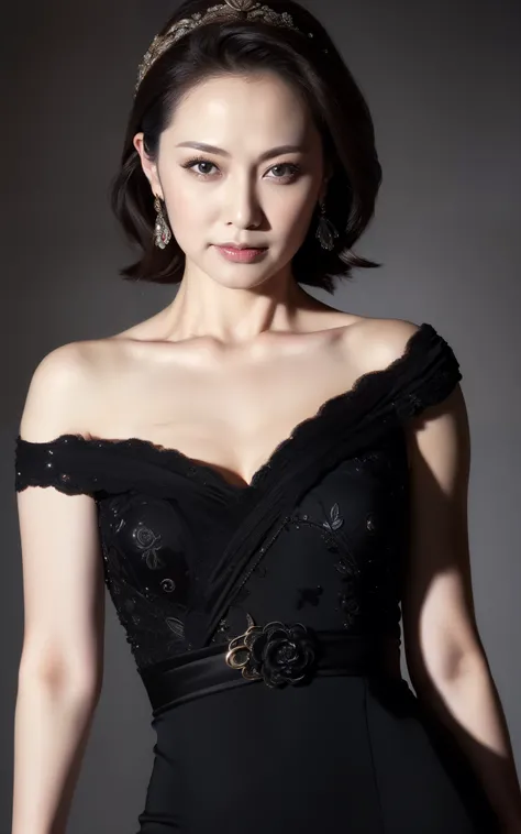 masterpiece,best quality, (one milf), ((portrait:1.5)), makeup:1.5, elegant black dress, touch own chest with both hands, ((seduction expression)),