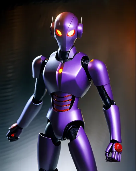 Evening background, black iron robot, doll robot, high performance, high quality, armed, sharp armed, thick armor, eyes purple, glowing purple, sharp eyes, rogue robot, sky in background,