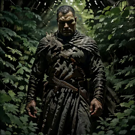 a half-orc, half-human being with gray skin and a piercing gaze, he wears a loincloth, barefoot, stocky in each hand he carries an exclusive axe, he is 7 feet tall and wears a net around his waist with skulls, knives and gadgets, he has a He has a scar on ...