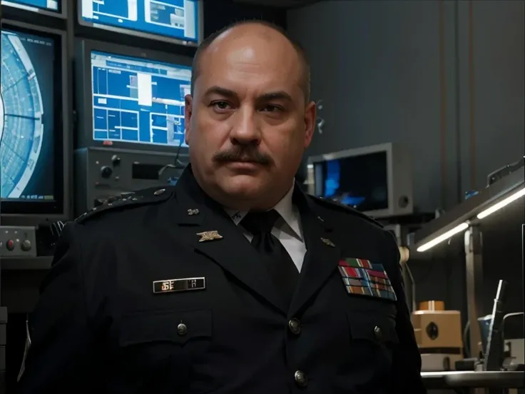 military man, bald and fat, has a mustache, wears a generals military uniform, many medals, white shirt, he is in a laboratory, radar screens, dim blue lights, Ultra detailed, hyperrealistic, 4k, Ultra detailed image, realistic, Highly detailed, perfect co...