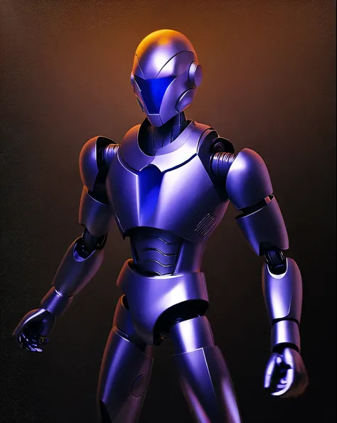 Evening background, black iron robot, doll robot, high performance, high quality, armed, sharp armed, thick armor, eyes purple, glowing purple, sharp eyes, rogue robot, sky in background,