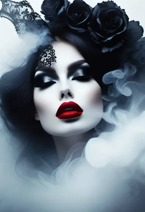 gothic art，dream，（just one stunning close-up of the face），gothic makeup，red lips only, white smoke floating around，plain white b...