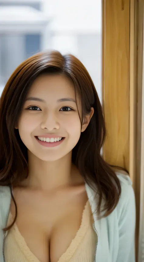 masterpiece,best quality,(Japanese ),((Beautiful girl)),cleavage,indoor,(perfect body beauty:1.2),(shy smile),beautiful teeth,