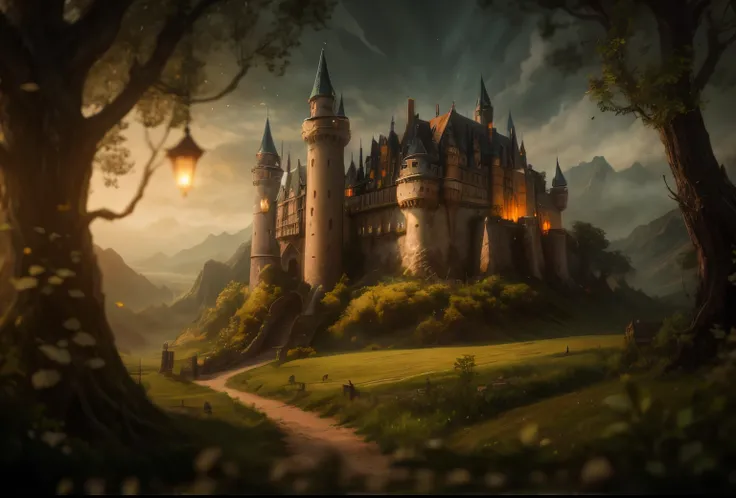 there is a castle，There is a path through it, Beautiful fairy tale rendering, magic castle, beautiful castle, Fantasy castle, Fantasy style matte painting, medieval castle background, realistic fantasy rendering, castle background, fantasy matte，Lovely, Hi...