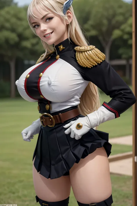 masterpiece, best quality, absurdres, perfect anatomy, 1girl, solo, KyoukaUzen, hair ornament, military uniform, white gloves, epaulettes, belt, pleated skirt, black skirt, thigh boots, smile, hands on the hips, outdoors, big breast, thicc thighs
