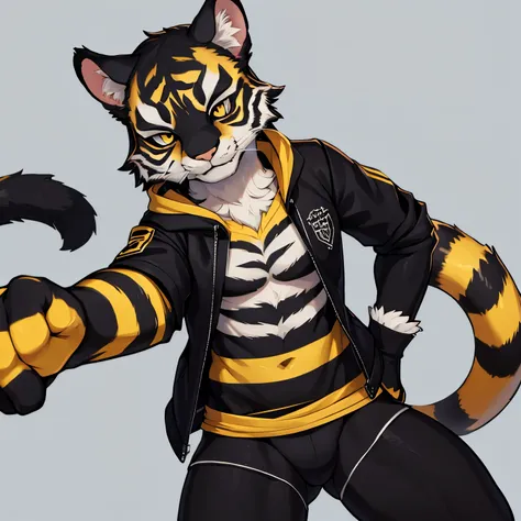 An anthropomorphic black tiger with yellow stripes 