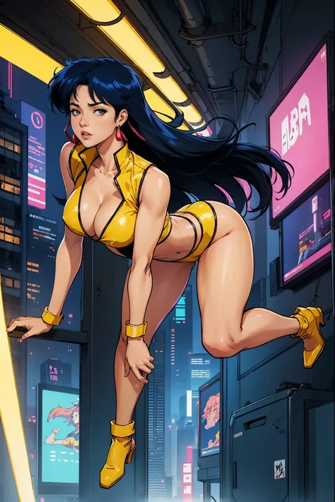 yuri from the dirty pair wearing a skimpy yellow outfit, cleavage, asian beauty, long black hair, cyberpunk city background