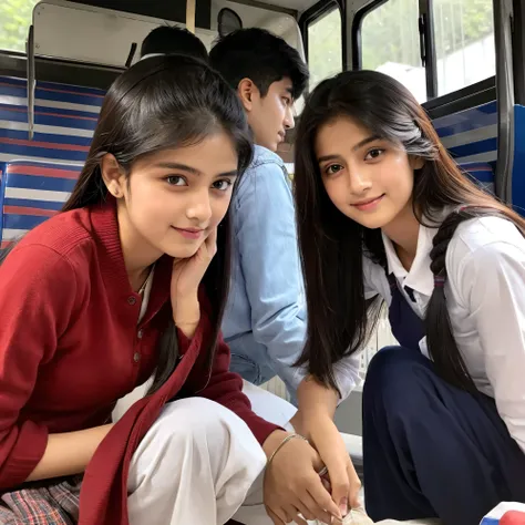 Ek ladka aur ladki school bus mein baithe hain aur ek-dusre se baat kar rahe hain.