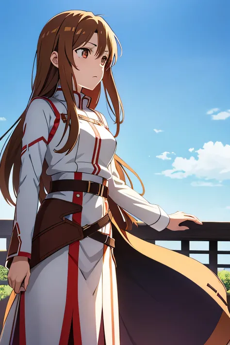 Asuna, anime art style, 1 girl, alone, length_hair, skirt, Brown_hair, Brown_eye, very_length_hair, belt, crossed_arm