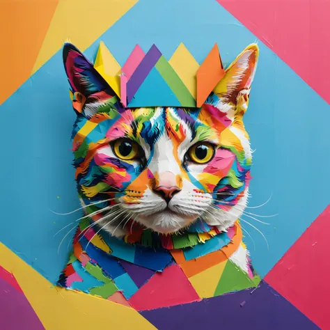 diy11，a crowned cat in a modern and pop art style, with geometric twists and rainbow hues seamlessly incorporated into the design
