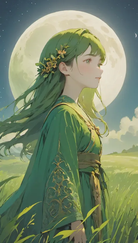 (((shyly))),,greenのマント,simple background，moon，breath of life，green，grassland，breath of life，intricate facial details, detailed face, golden ratio face, small face, Full body Esbian, K UHD, hyper hd, high dynamic range, Gentle yet powerful divinity，There is...