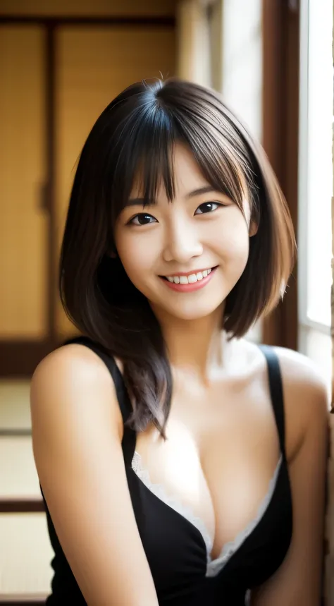 masterpiece,best quality,(Japanese ),((Beautiful girl)),cleavage,indoor,(perfect body beauty:1.2),(shy smile),beautiful teeth,