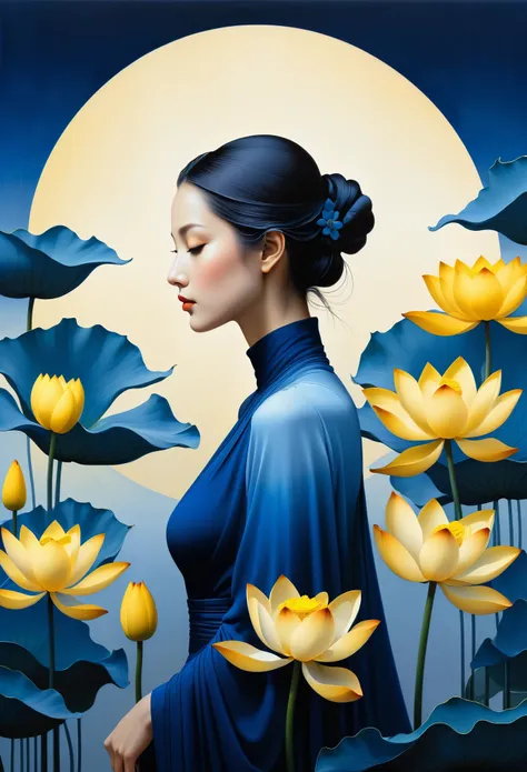 the background features an elegant female figure in profile wearing blue gradient .  she is surrounded by large yellow lotus flo...