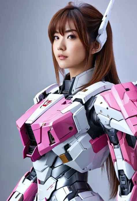 RAW, Masterpiece, Ultra Fine Photo,, Best Quality, Ultra High Resolution, Photorealistic, Sunlight, Full Body Portrait, Stunningly Beautiful,, Dynamic Poses, Delicate Face, Vibrant Eyes, (Side View) a close up of a woman in a pink and white gundam custume,...