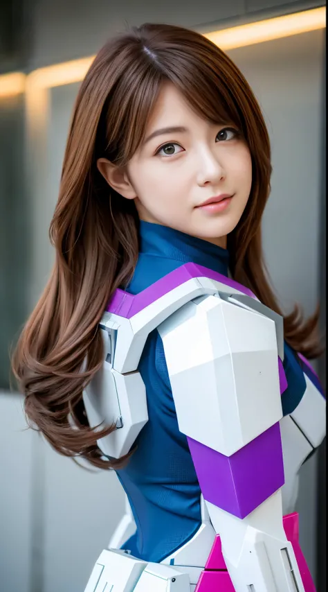 RAW, Masterpiece, Ultra Fine Photo,, Best Quality, Ultra High Resolution, Photorealistic, Sunlight, Full Body Portrait, Stunningly Beautiful,, Dynamic Poses, Delicate Face, Vibrant Eyes, (Side View) a close up of a woman in a pink and white gundam custume,...