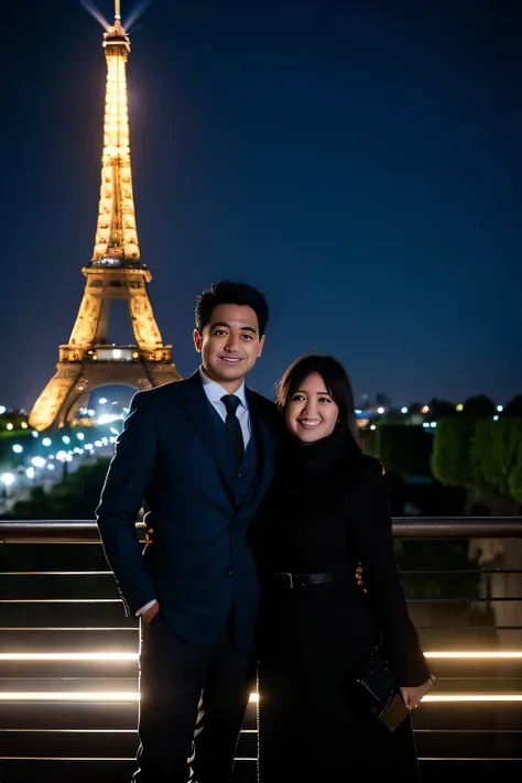 araf and his wife posing for a picture in front of the eiffel tower, in paris, in front of the eiffel tower, shot with sony alpha, with eiffel view, shot on canon eos r5, shot on canon eos r 5, shot on nikon z9, photography shot at blue hour, shot with sig...