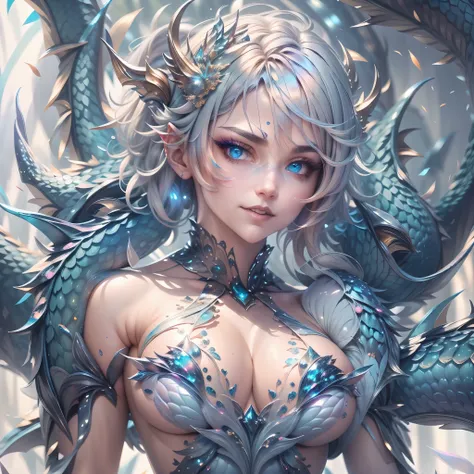 (best quality,4k,8k,highres,masterpiece:1.2, portrait), ultra-detailed, realistic, naked sexy dragon woman with blue glittering scales, skin is glittering sapphire blue scales, short blonde hair with blue highlights, very playful but mischievous smile, hug...