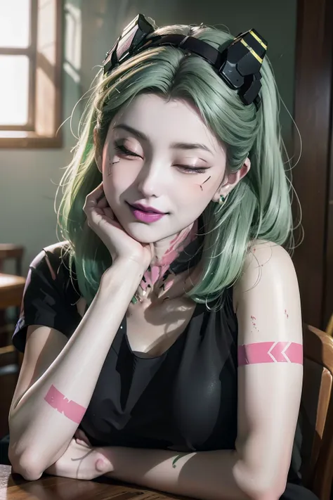 Ridiculous, high resolution, Super detailed, Rebecca, Green hair, red sclera, pink tattoo, purple lips, Double tail, Headband, hat, Black T-shirt, :3, Grinning, Arm support, looking at the audience, Put your hands on your cheeks, eyes closed, table, Dining...