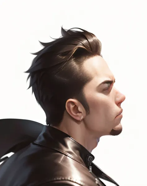 There&#39;s a man wearing a leather jacket next to him, profile portrait, realism art style, realism art style, side profile portrait, Handsome, stunning and realistic, side pose, Drawing in animation artist studio, source of inspiration：Russell Dongjun Lu...