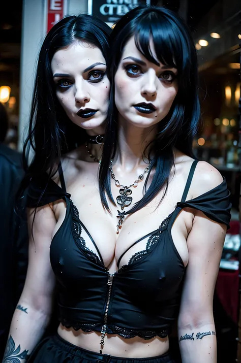 2heads, two-headed girl, horror fan, goth fashion, at horror convention, pale skin, black hair, age 25,