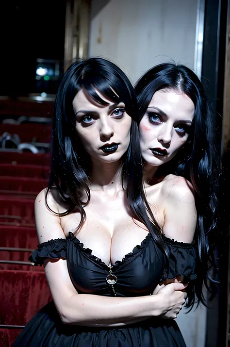 2heads, two-headed girl, horror fan, goth fashion, at horror convention, pale skin, black hair, age 25,