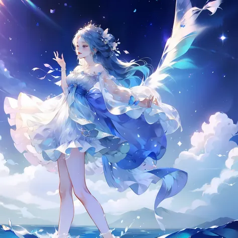 1 girl，clear water，blue butterfly，pure white gauze skirt，sparkling，、