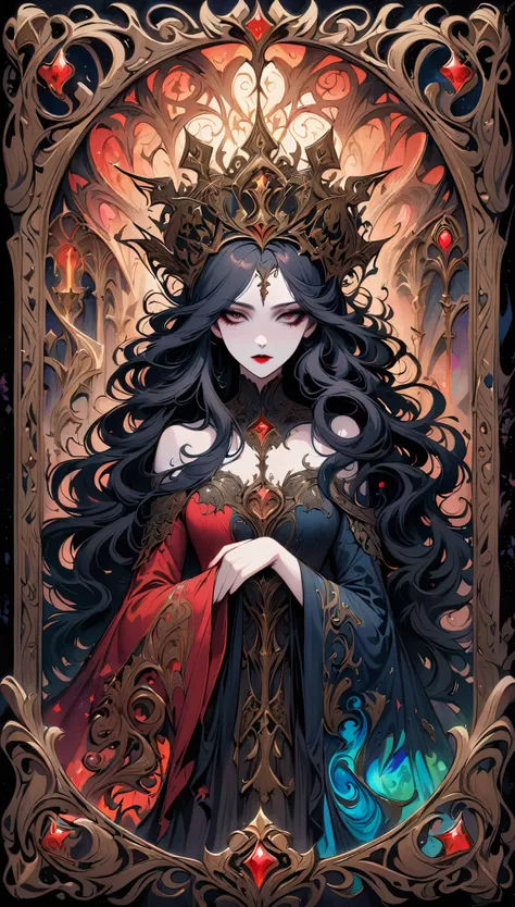 tarot card: mad queen,dark fantasy,hauntingly beautiful,vivid colors,gothic horror,macabre atmosphere,fluid strokes,great attent...