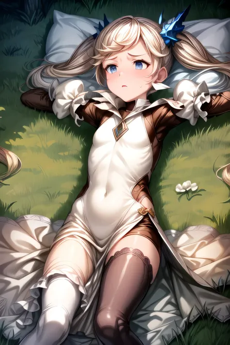 ioeuclase, hair ornament, white dress, black thighhighs, detached sleeves, sitting wariza,grass,sky, Lying, Lying Back, Lying down, , sweat, solo focus, lying, armpits, on back, outstretched arms, spread arms, pillow, arm grab, bed, sleeveless, Scared, Cry...
