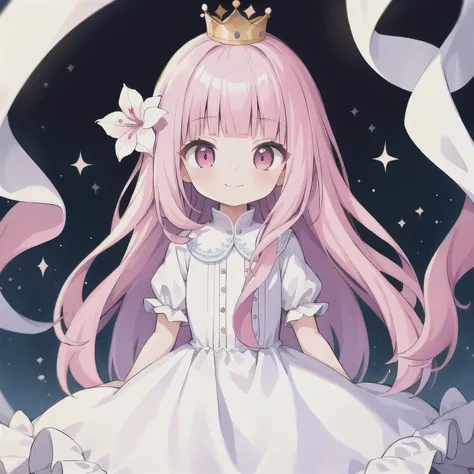 1girl, masterpiece, wearing white dress, long hair, wearing crown, pink eyes, smile, 8k resolutions, looking to the side, blunt bangs, pink hair, flower hair ornaments