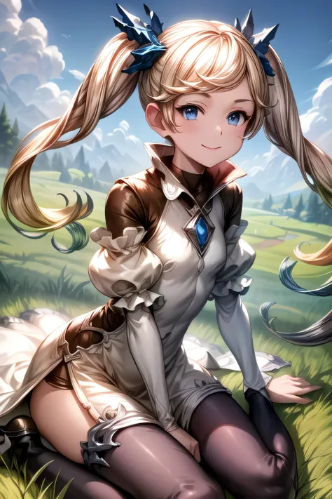 ioeuclase, hair ornament, white dress, black thighhighs, detached sleeves, sitting wariza,grass,sky,smile,