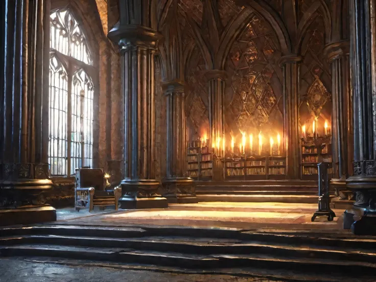 there is a room with a table and candles in it, dramatic lighting. concept art, rustic throne room, fantasy atmospheric lighting...