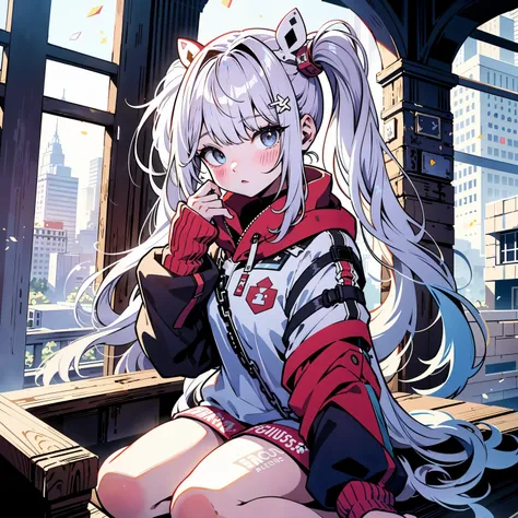 highest quality, masterpiece, super detailed, figure, (beautiful fine eyes), beautiful, wonderful, fine eyes, (fine skin), (oily skin), 1 girl,alone,angel girl, dilapidated church, rubble, scattering glass,gray hair, long hair, fluttering hair, Hello, Ahog...
