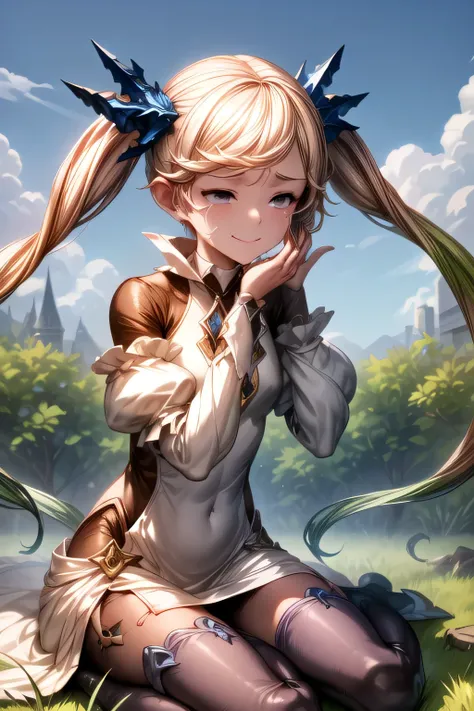 ioeuclase, hair ornament, white dress, black thighhighs, detached sleeves, sitting wariza,grass,sky,smile, Scared, Crying, Worried, Defeated,