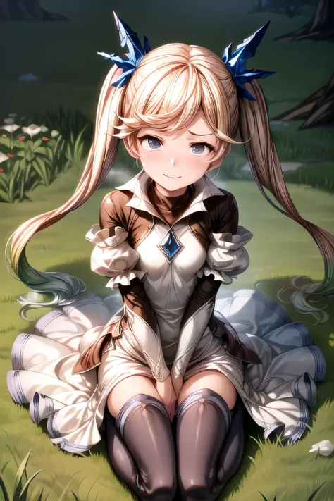 ioeuclase, hair ornament, white dress, black thighhighs, detached sleeves, sitting wariza,grass,sky,smile, Scared, Crying, Worried, Defeated,