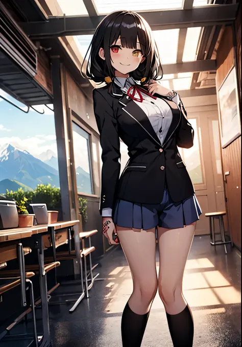 Masterpiece, high quality, ultra quality, best lighting, 1girl, ((tokisaki kurumi)), long hair, black hair, low twintails, monochrome, ((right red eye:1, left yellow eye:1)), black , ((black school uniform)), ((short pants)), ((big breast)), ((big thigh)),...