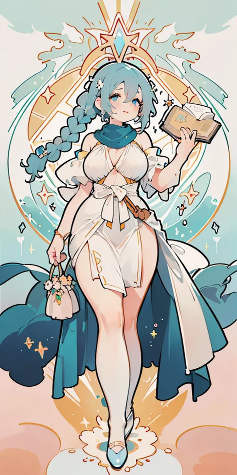 (((dark blue hair))), Pigtails, Glasses, absurdres, highres, ultra detailed, beautiful, masterpiece, best quality, (1girl:1.2), Medieval, tarot, bard, bare shoulders, cane, sword, shield, crystal, Gather Dresses, coat four, ((Lightweight clothes, sunscreen...