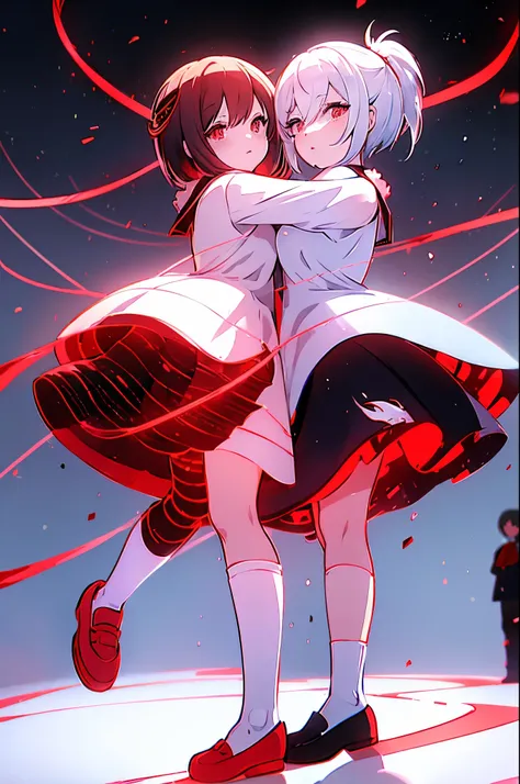 2 anime girls, hugging each other, twins, wearing a white shirt, wearing a red tie, wearing a short white skirt with black edges...