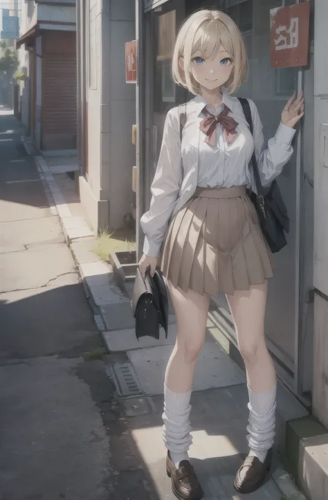 one girl,18 years old girl,gyaru,slender body,short blonde hair,grin,high ,blouse,ribbon,skirt,loose socks,loafers